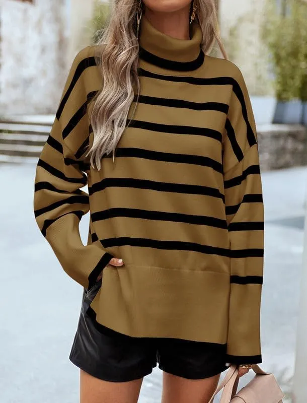 CORIRESHA Women's Oversized Striped Sweater Turtleneck Long Sleeve Split Casual Tunic Thick Knit Pullover