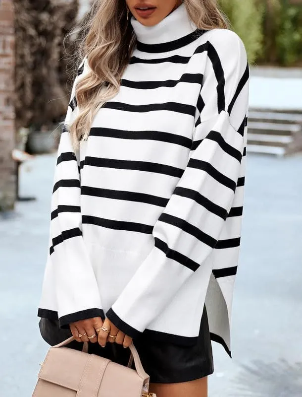 CORIRESHA Women's Oversized Striped Sweater Turtleneck Long Sleeve Split Casual Tunic Thick Knit Pullover