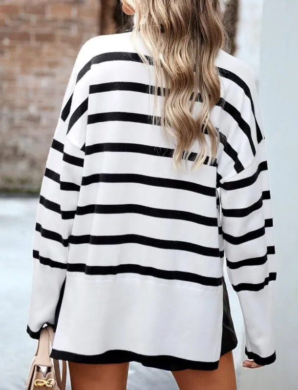 CORIRESHA Women's Oversized Striped Sweater Turtleneck Long Sleeve Split Casual Tunic Thick Knit Pullover