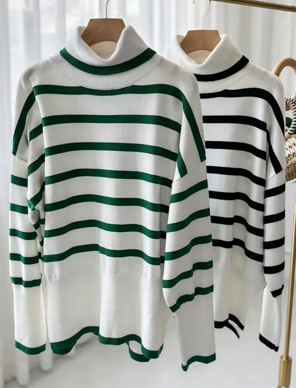 CORIRESHA Women's Oversized Striped Sweater Turtleneck Long Sleeve Split Casual Tunic Thick Knit Pullover