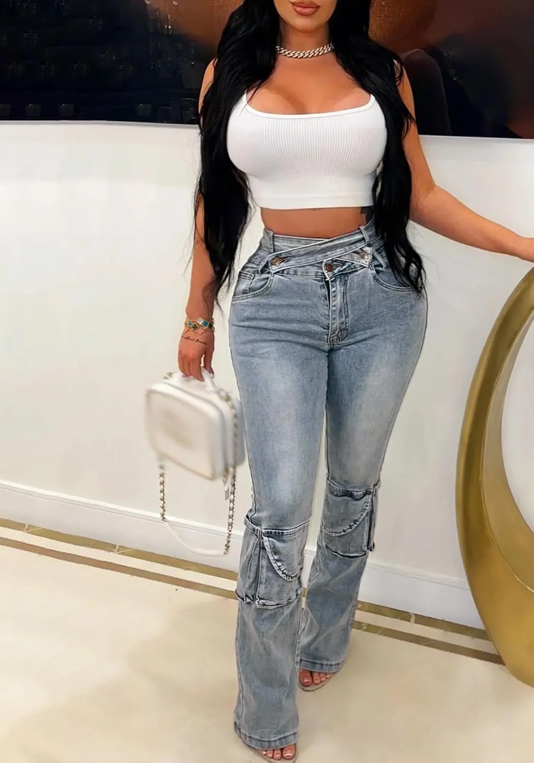 Distressed High Waisted Skinny Jeans for Women Trendy Stacked Two Crossover Denim Pants Jean Leggings