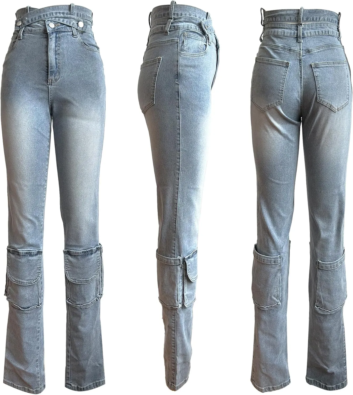 Distressed High Waisted Skinny Jeans for Women Trendy Stacked Two Crossover Denim Pants Jean Leggings