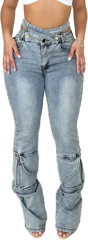 Distressed High Waisted Skinny Jeans for Women Trendy Stacked Two Crossover Denim Pants Jean Leggings