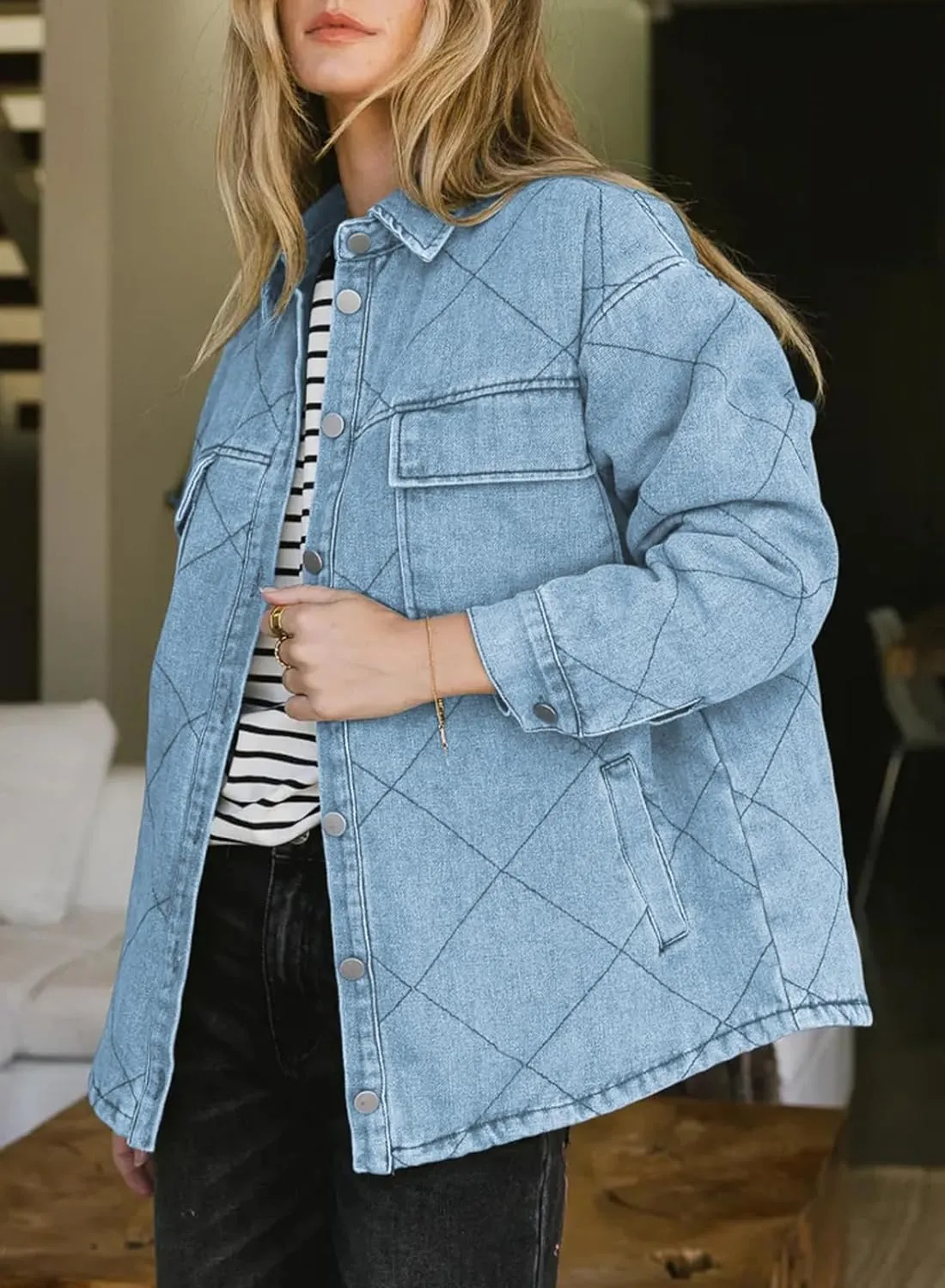 Dokotoo Denim Jacket for Women Fashion Solid Oversized Long Sleeve Button Down Shacket Jacket Coat with Pockets