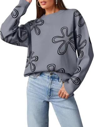 Dokotoo Sweaters for Women Casual Crewneck Long Sleeve Floral Print Cable Knit Pullover Sweater Tops