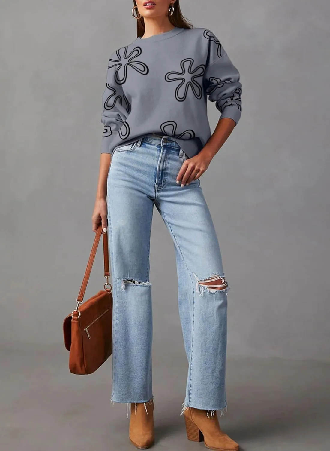 Dokotoo Sweaters for Women Casual Crewneck Long Sleeve Floral Print Cable Knit Pullover Sweater Tops