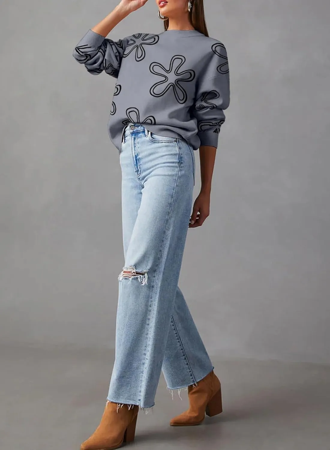 Dokotoo Sweaters for Women Casual Crewneck Long Sleeve Floral Print Cable Knit Pullover Sweater Tops