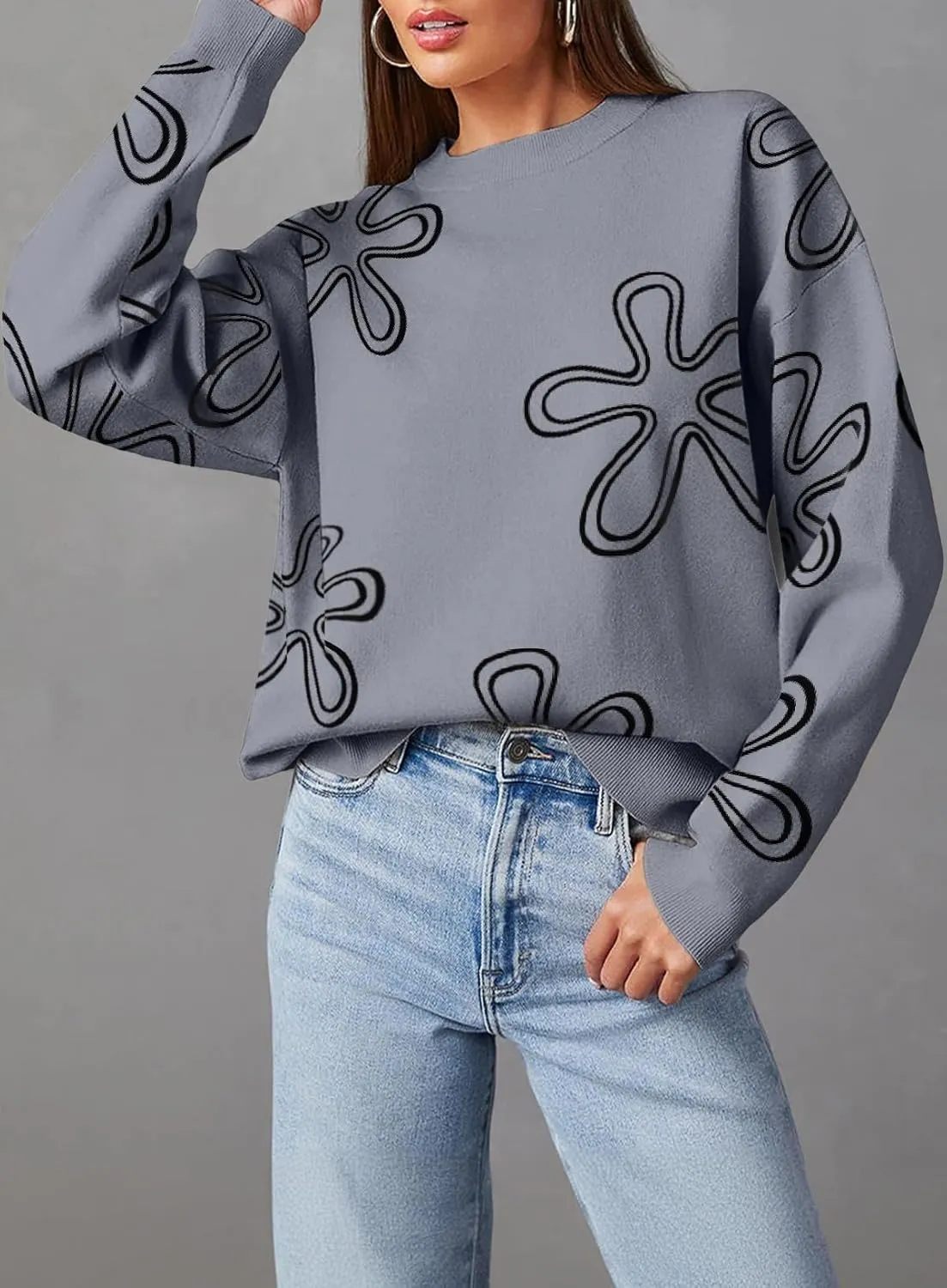 Dokotoo Sweaters for Women Casual Crewneck Long Sleeve Floral Print Cable Knit Pullover Sweater Tops