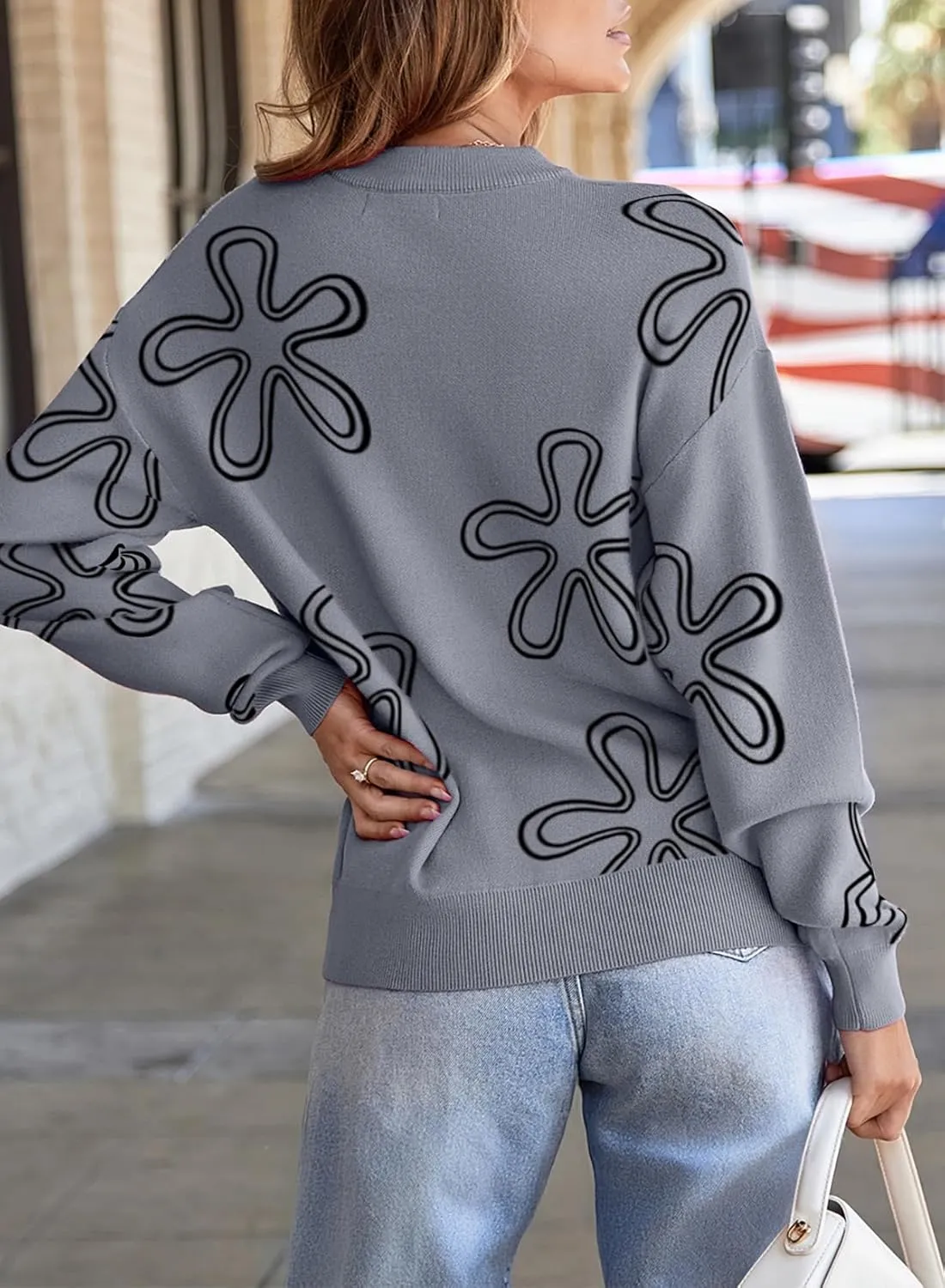 Dokotoo Sweaters for Women Casual Crewneck Long Sleeve Floral Print Cable Knit Pullover Sweater Tops