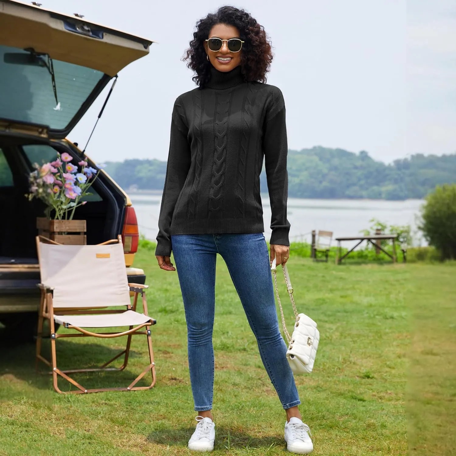 EANUER Women's Long Sleeve Turtleneck Cable Knit Pullover Lightweight Ribbed Sweaters