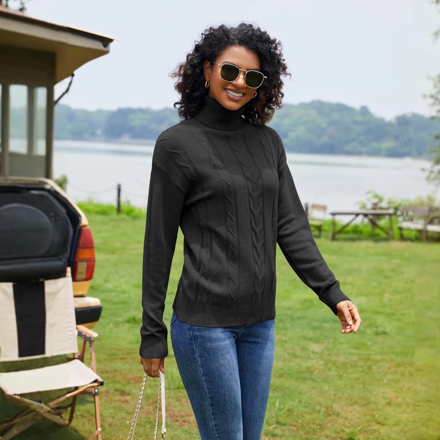 EANUER Women's Long Sleeve Turtleneck Cable Knit Pullover Lightweight Ribbed Sweaters