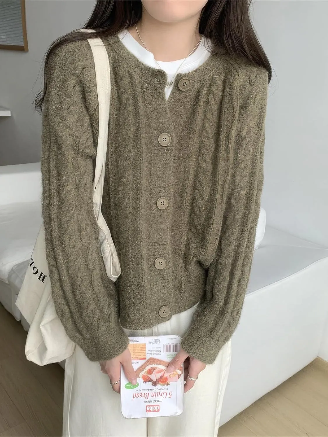 ebossy Women's Cropped Cable Knit Cardigan Long Sleeve Button Down Slouchy Loose Chunky Sweater Coat