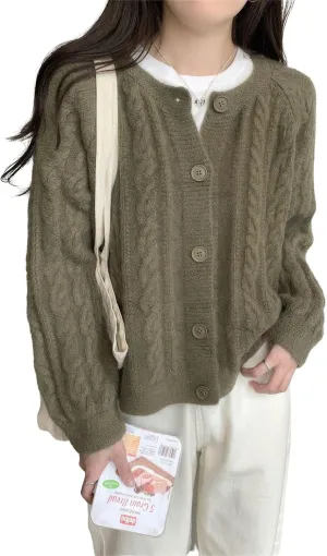 ebossy Women's Cropped Cable Knit Cardigan Long Sleeve Button Down Slouchy Loose Chunky Sweater Coat