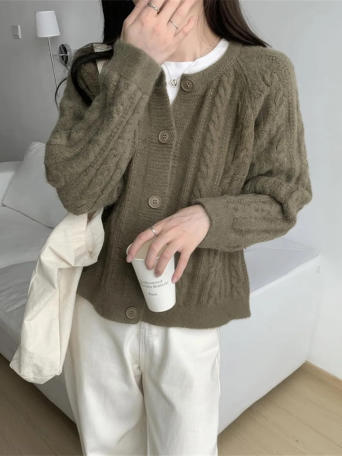 ebossy Women's Cropped Cable Knit Cardigan Long Sleeve Button Down Slouchy Loose Chunky Sweater Coat