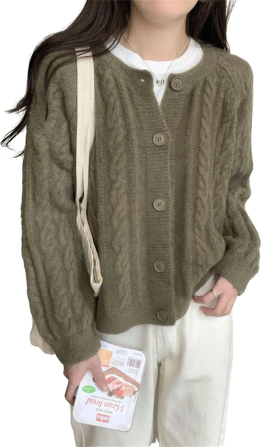 ebossy Women's Cropped Cable Knit Cardigan Long Sleeve Button Down Slouchy Loose Chunky Sweater Coat