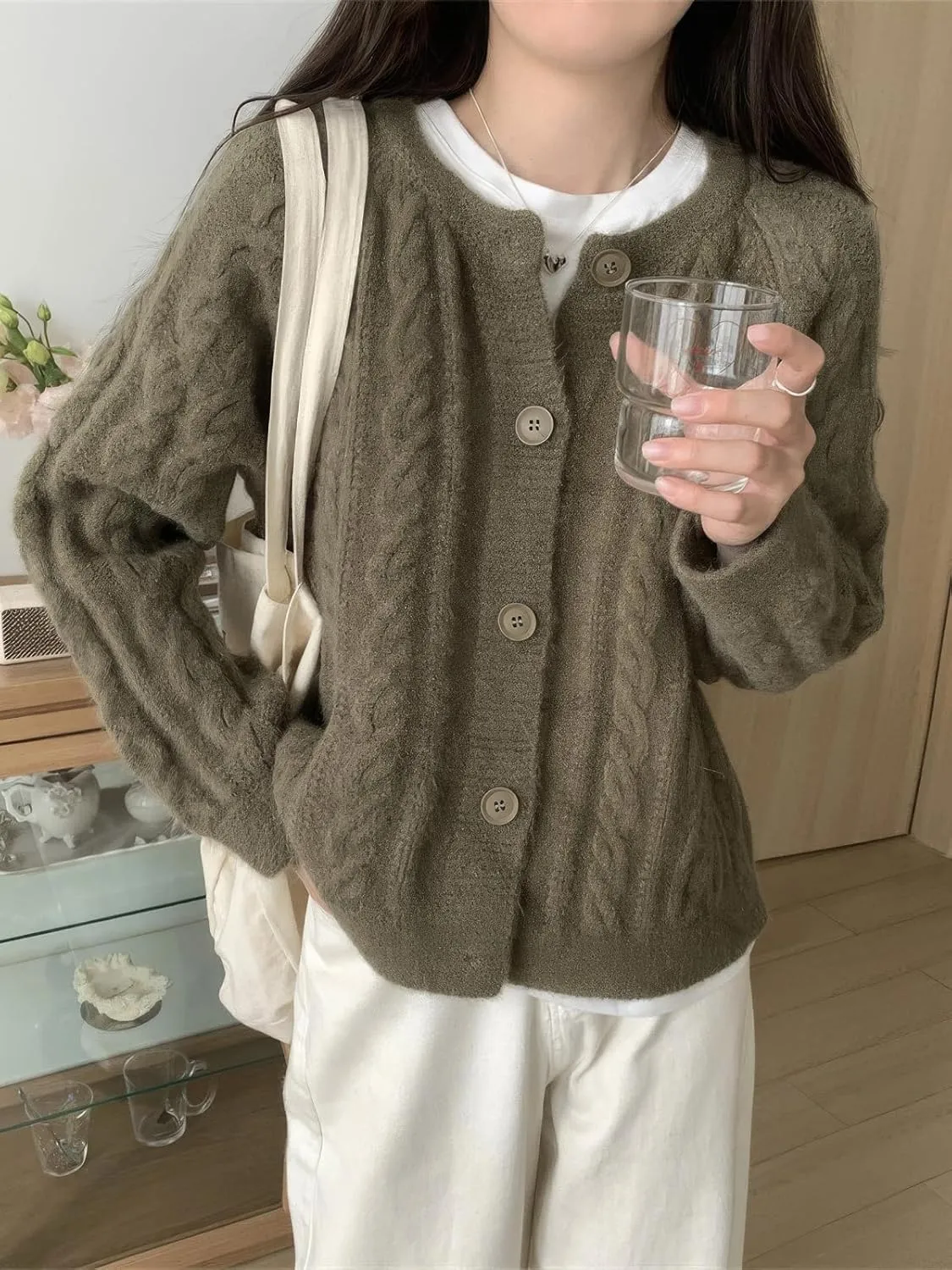 ebossy Women's Cropped Cable Knit Cardigan Long Sleeve Button Down Slouchy Loose Chunky Sweater Coat
