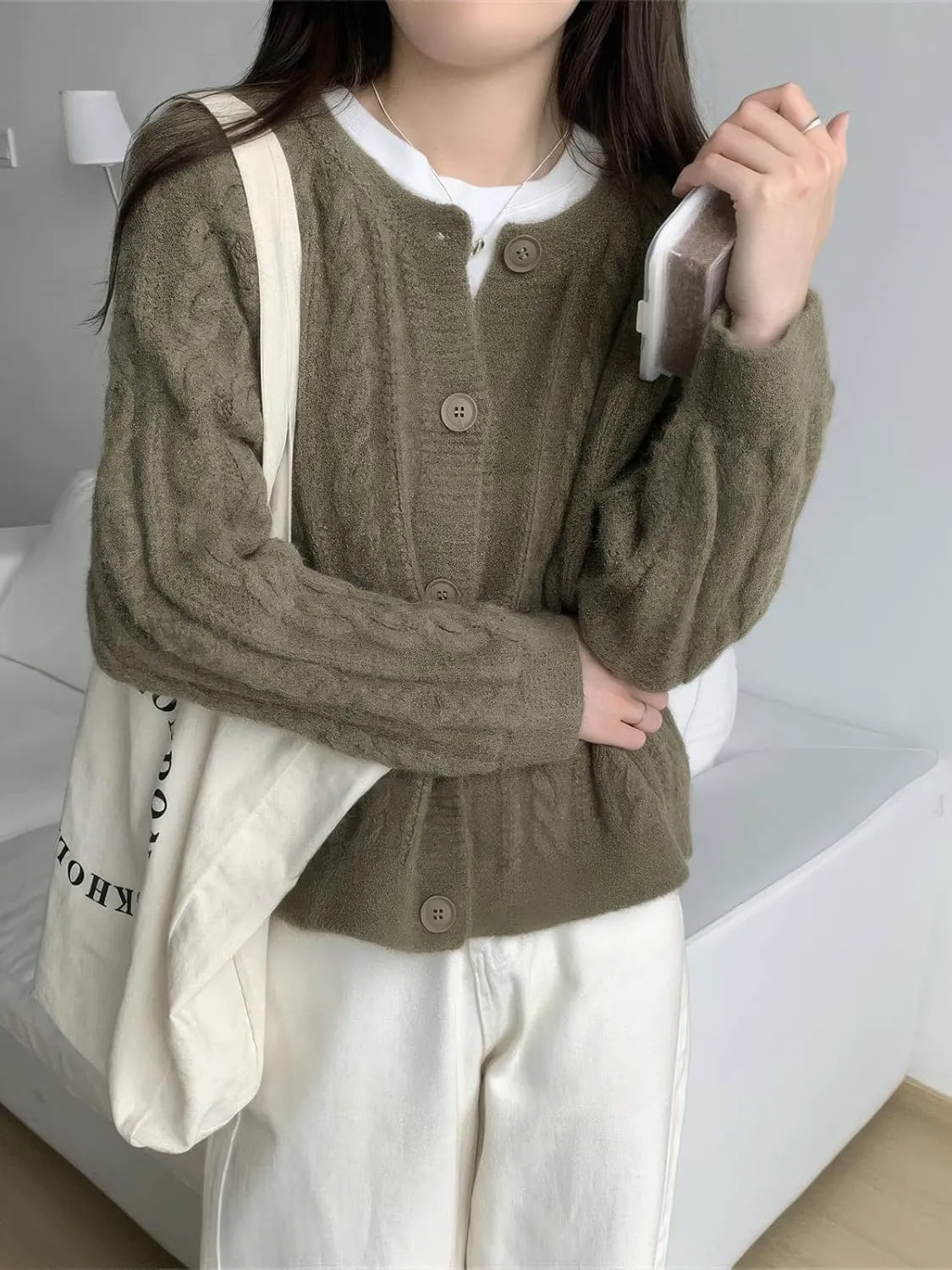ebossy Women's Cropped Cable Knit Cardigan Long Sleeve Button Down Slouchy Loose Chunky Sweater Coat