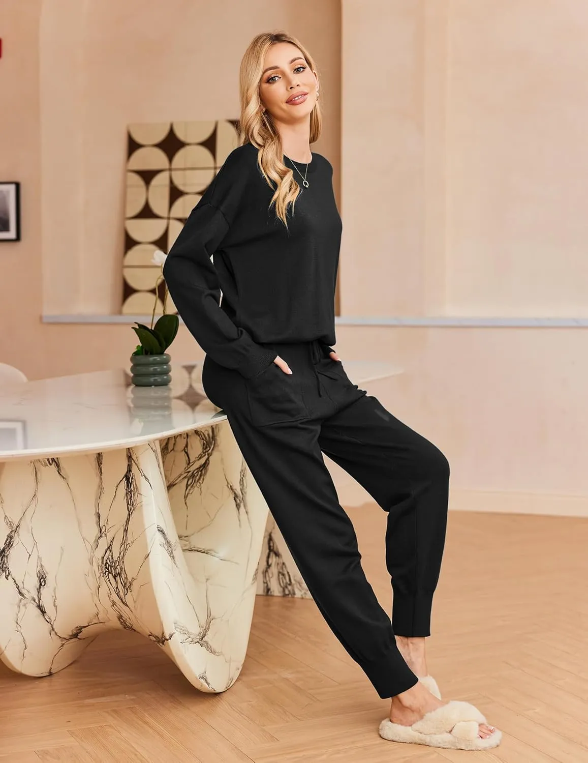 Ekouaer Women's 2 Piece Lounge Set Long Sleeve Knit Sweatsuit Pajamas Jogger Pant Outfits With Pockets