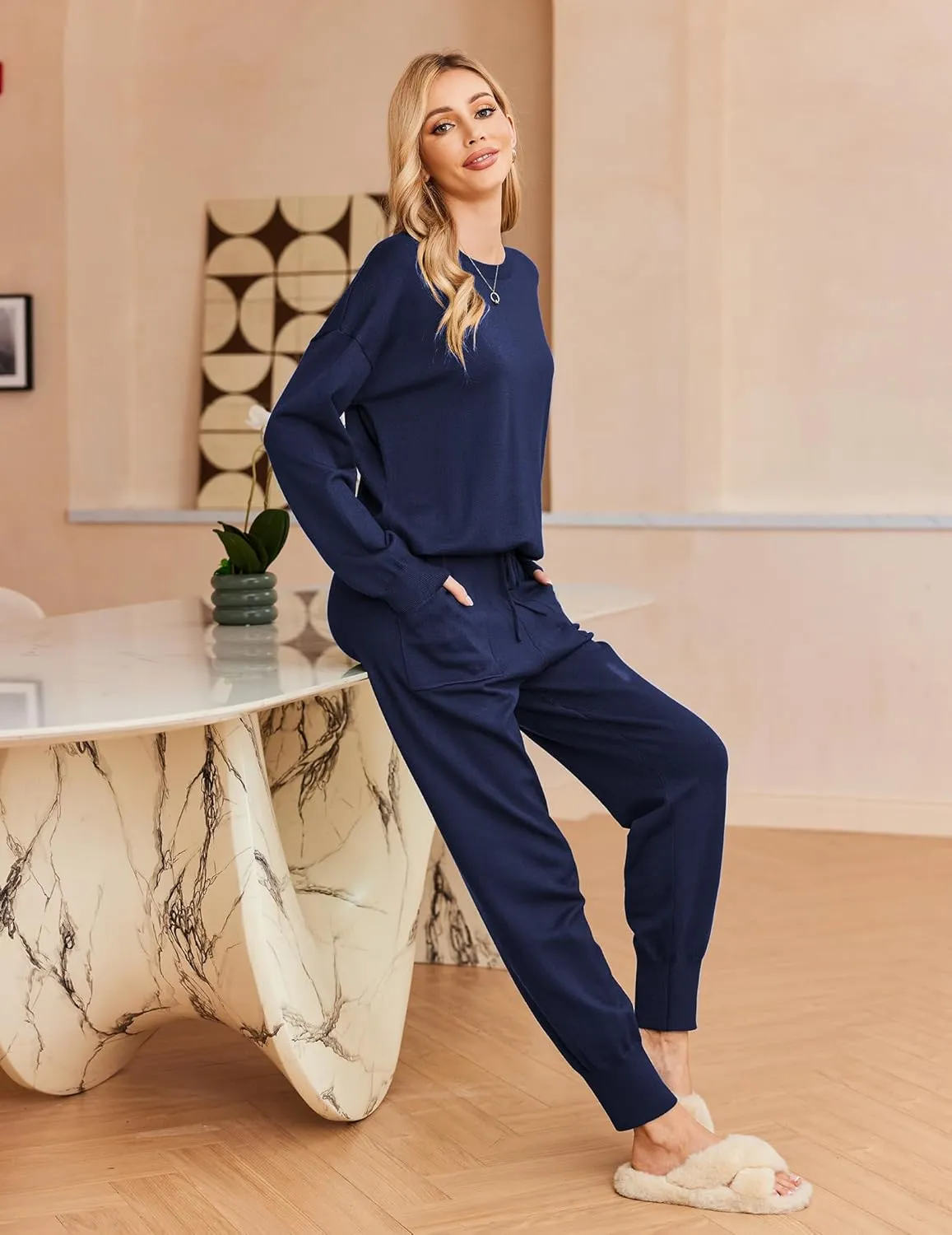 Ekouaer Women's 2 Piece Lounge Set Long Sleeve Knit Sweatsuit Pajamas Jogger Pant Outfits With Pockets