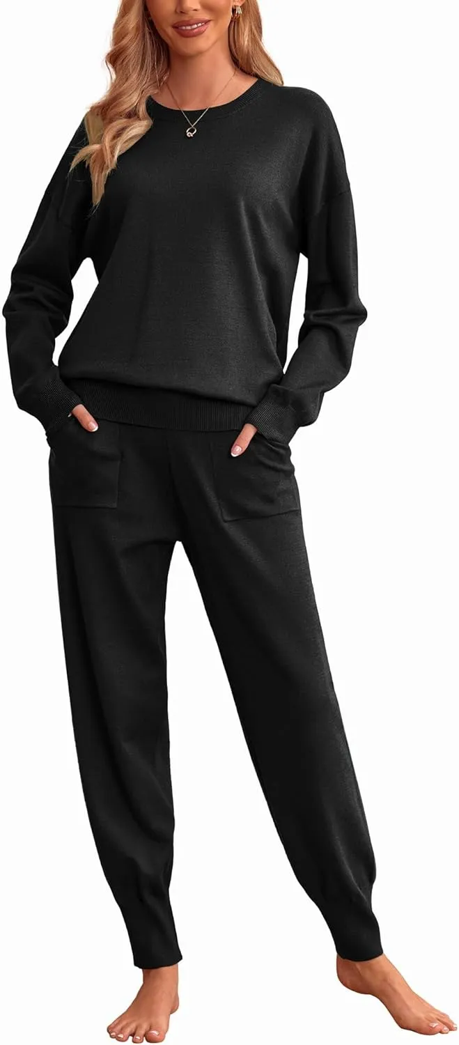 Ekouaer Women's 2 Piece Lounge Set Long Sleeve Knit Sweatsuit Pajamas Jogger Pant Outfits With Pockets