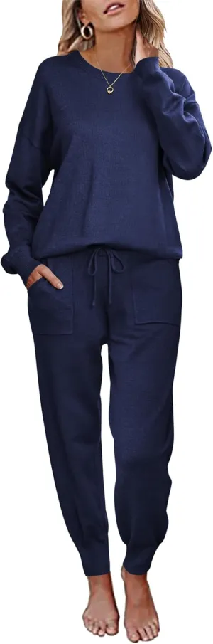 Ekouaer Women's 2 Piece Lounge Set Long Sleeve Knit Sweatsuit Pajamas Jogger Pant Outfits With Pockets