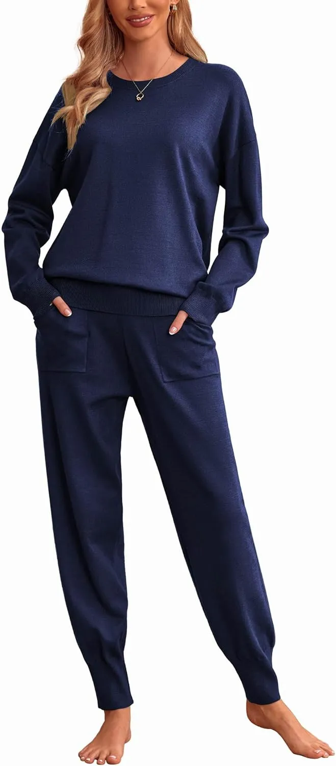 Ekouaer Women's 2 Piece Lounge Set Long Sleeve Knit Sweatsuit Pajamas Jogger Pant Outfits With Pockets