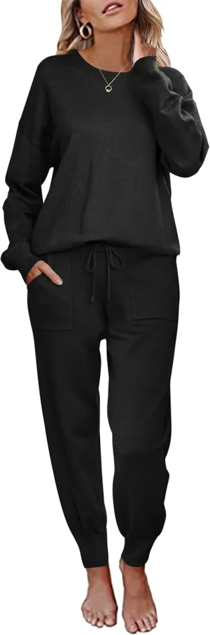Ekouaer Women's 2 Piece Lounge Set Long Sleeve Knit Sweatsuit Pajamas Jogger Pant Outfits With Pockets