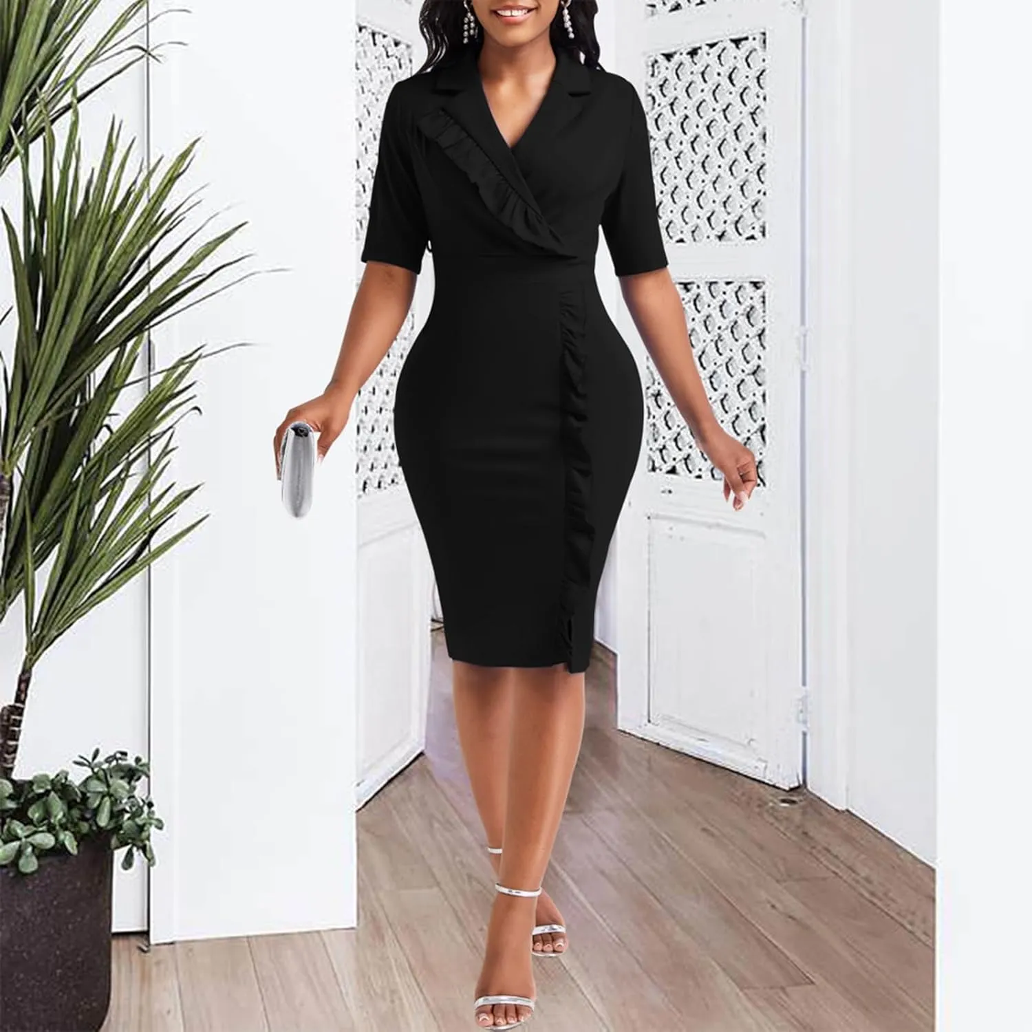 Elegant Church Dress for Women Casual Lapel Ruffle Pencil Classy Knee Length Dinner Party Midi Teens Dress