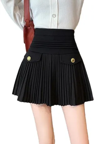 Elegant Pleated Mini Skirts Women Vintage Buttons Solid A-Line High Waist Short Skirt