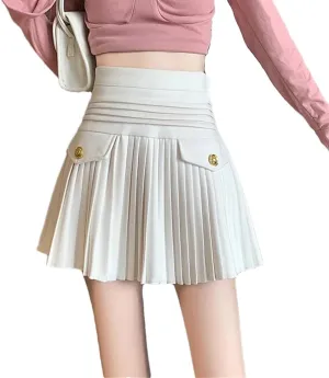 Elegant Pleated Mini Skirts Women Vintage Buttons Solid A-Line High Waist Short Skirt