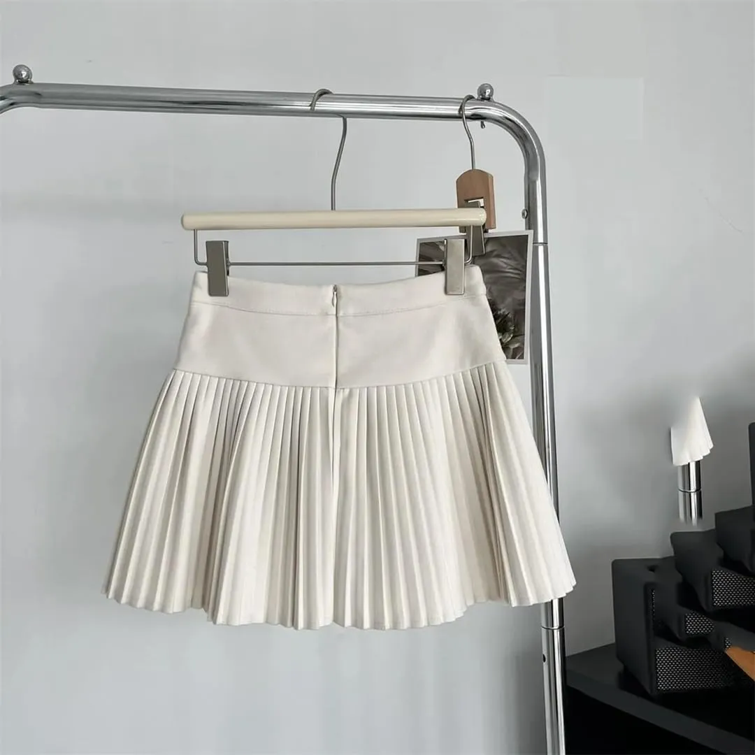 Elegant Pleated Mini Skirts Women Vintage Buttons Solid A-Line High Waist Short Skirt
