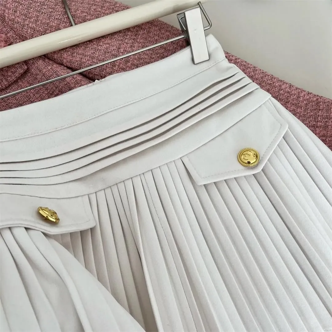 Elegant Pleated Mini Skirts Women Vintage Buttons Solid A-Line High Waist Short Skirt