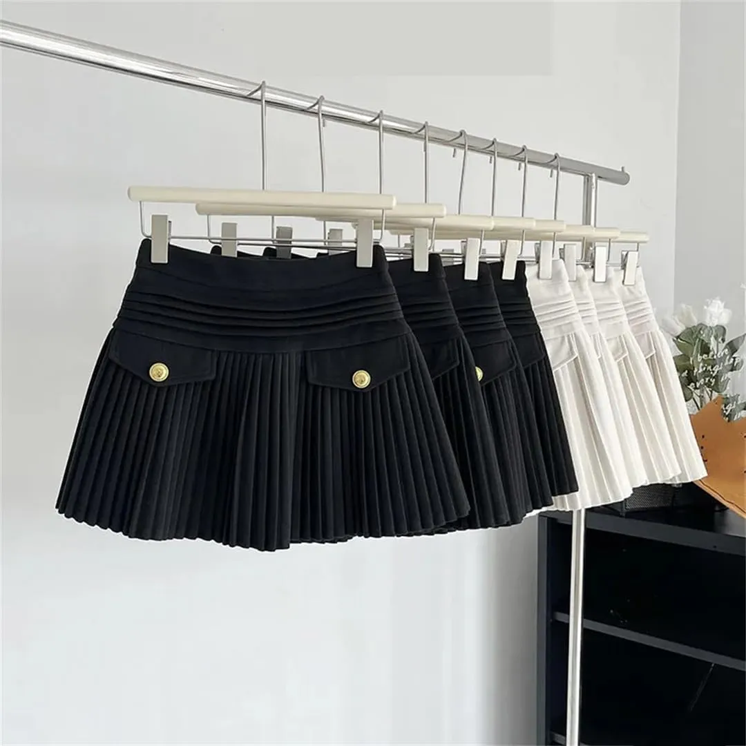 Elegant Pleated Mini Skirts Women Vintage Buttons Solid A-Line High Waist Short Skirt