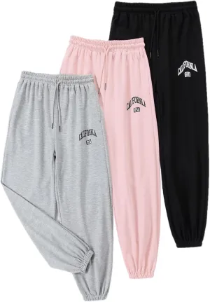 EXARUS 3 Pack Girls Sweatpants Letter Graphic Print with Pockets Sweat Pants High Waisted Cute Joggers 6-14Y