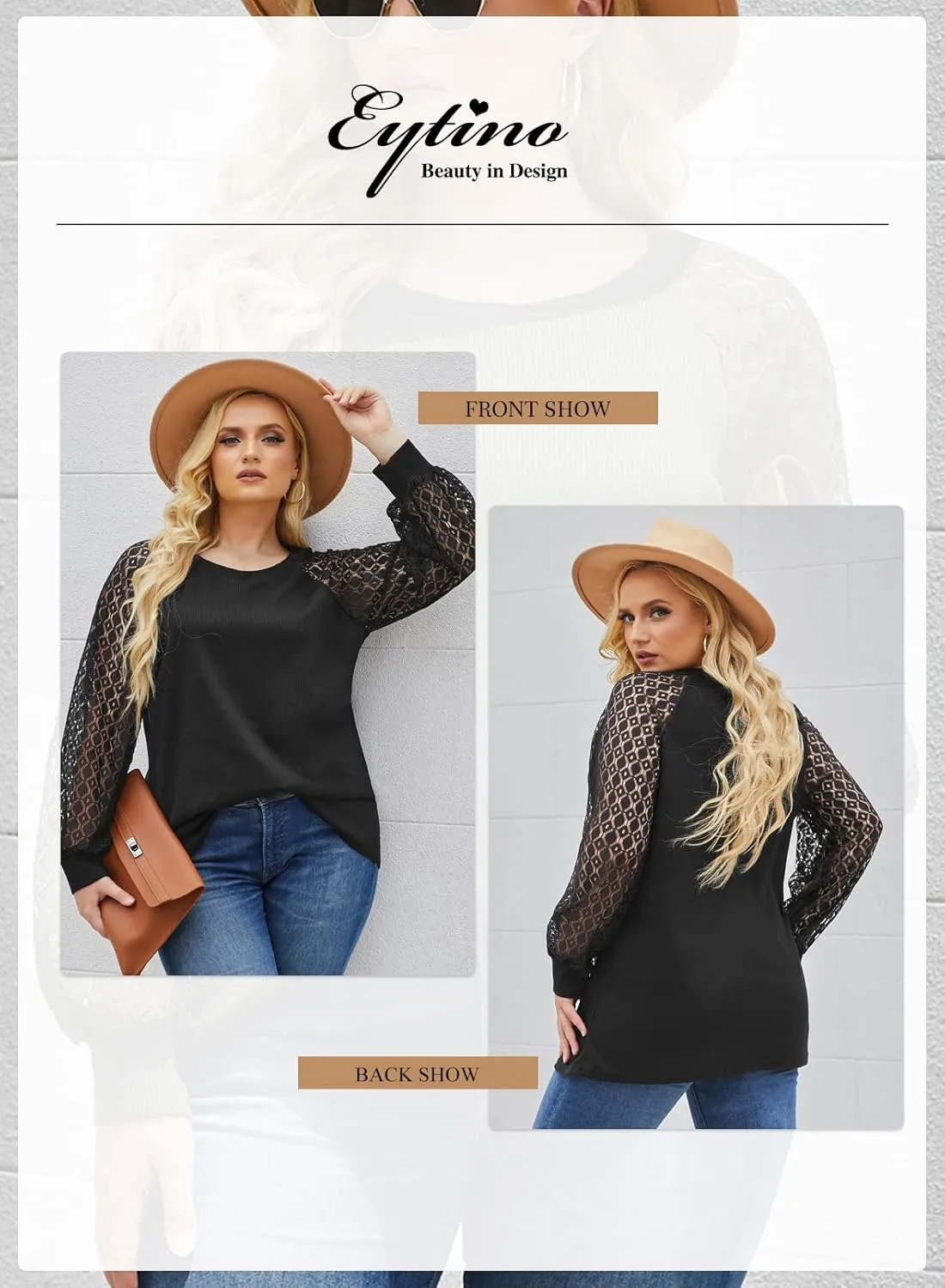 Eytino Plus Size Tops for Women Lace Long Sleeve Round Neck Casual Loose Blouses T Shirts(1X-5X)