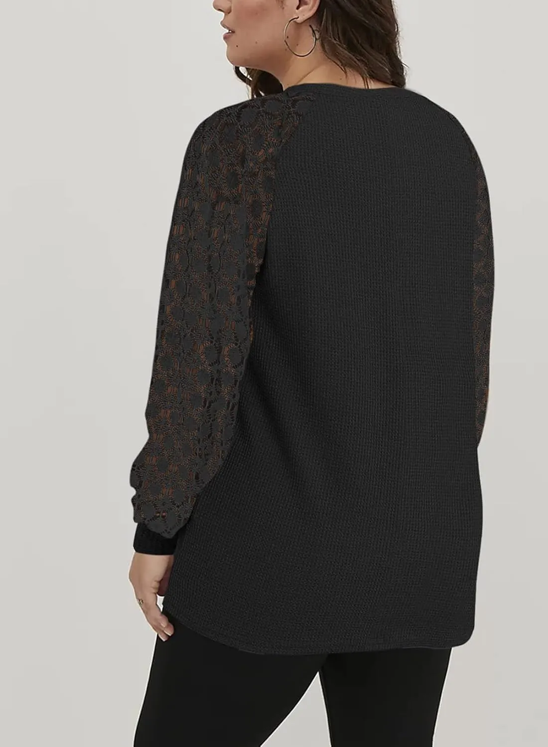 Eytino Plus Size Tops for Women Lace Long Sleeve Round Neck Casual Loose Blouses T Shirts(1X-5X)
