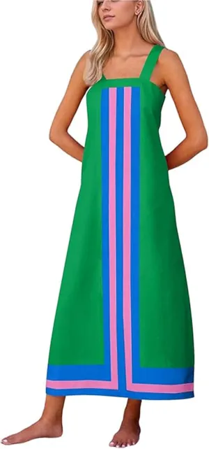 Fiona Jolin Womens Summer Maxi Dress Boho Striped Shoulder Strap Long Sundress Beach Cover Up Dress
