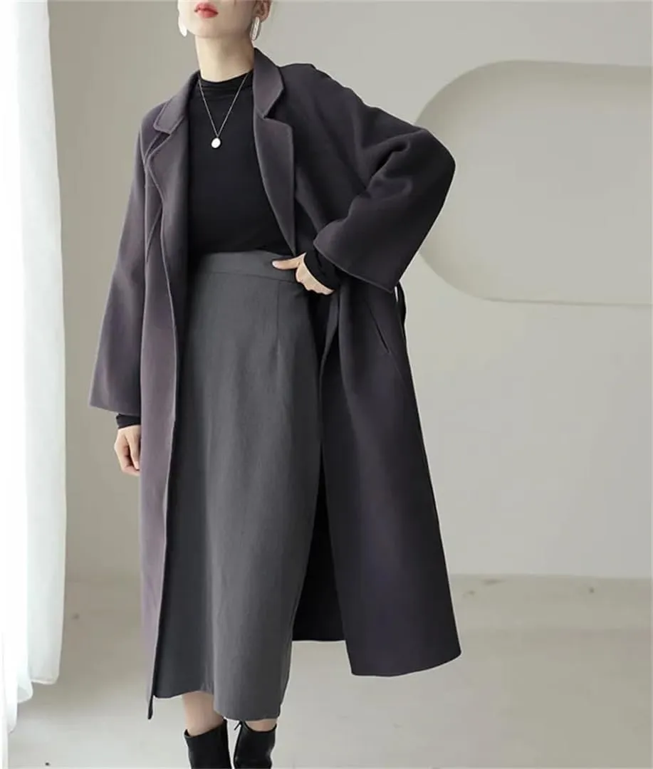 Fjnbbiot Double Sided Woolen Overcoat Women Long Winter Fashion Loose Lacing Belt Wool Blend Over Pea Coat