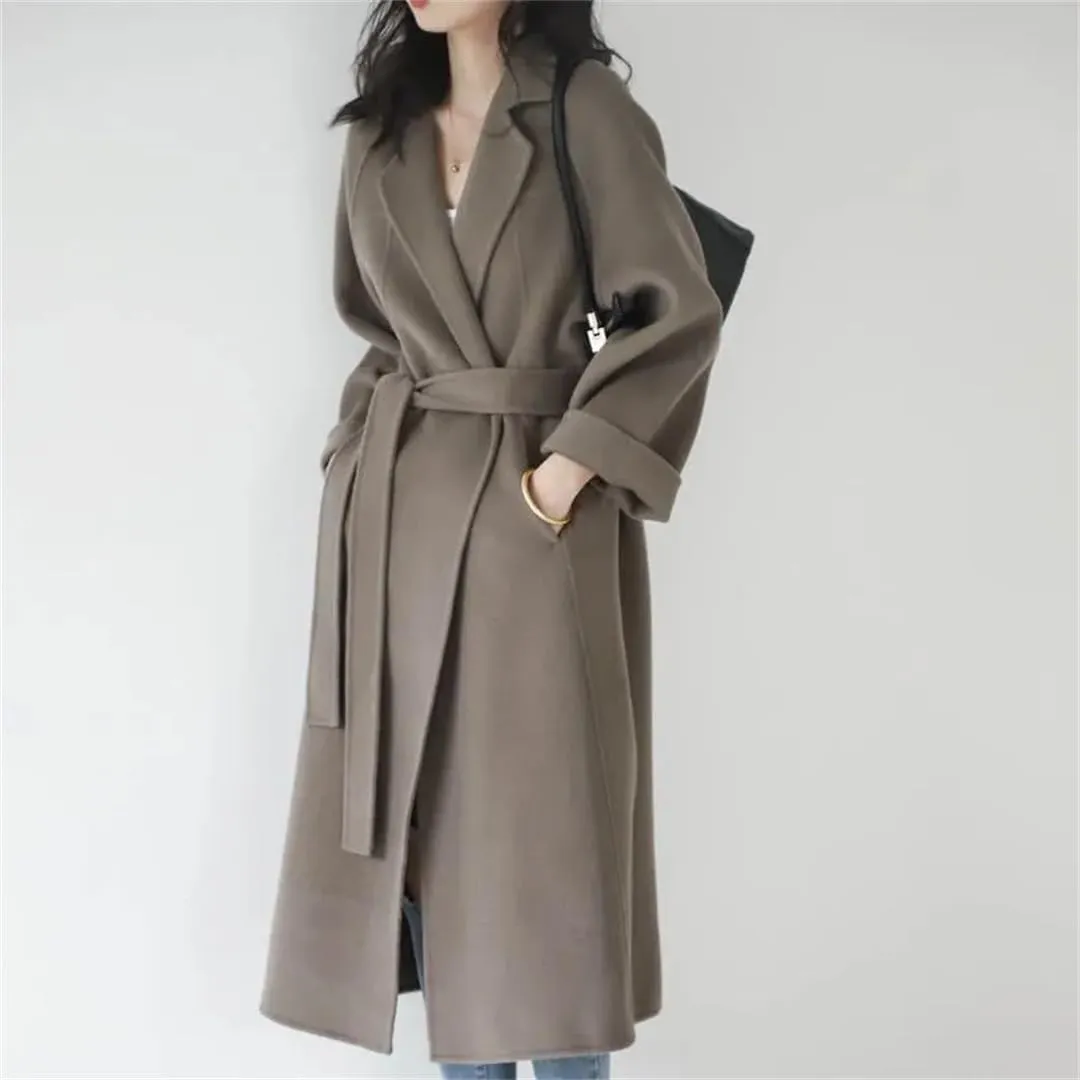 Fjnbbiot Double Sided Woolen Overcoat Women Long Winter Fashion Loose Lacing Belt Wool Blend Over Pea Coat