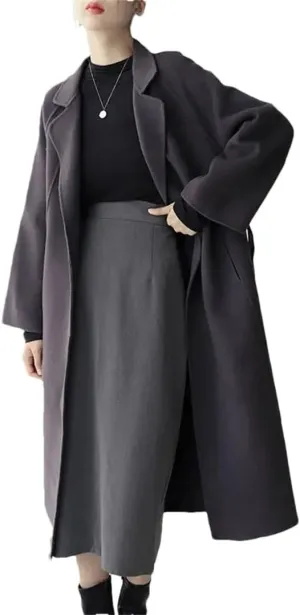 Fjnbbiot Double Sided Woolen Overcoat Women Long Winter Fashion Loose Lacing Belt Wool Blend Over Pea Coat