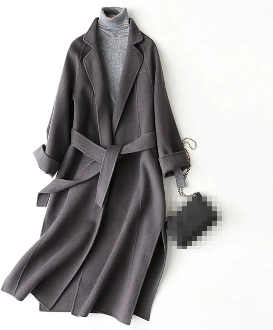 Fjnbbiot Double Sided Woolen Overcoat Women Long Winter Fashion Loose Lacing Belt Wool Blend Over Pea Coat