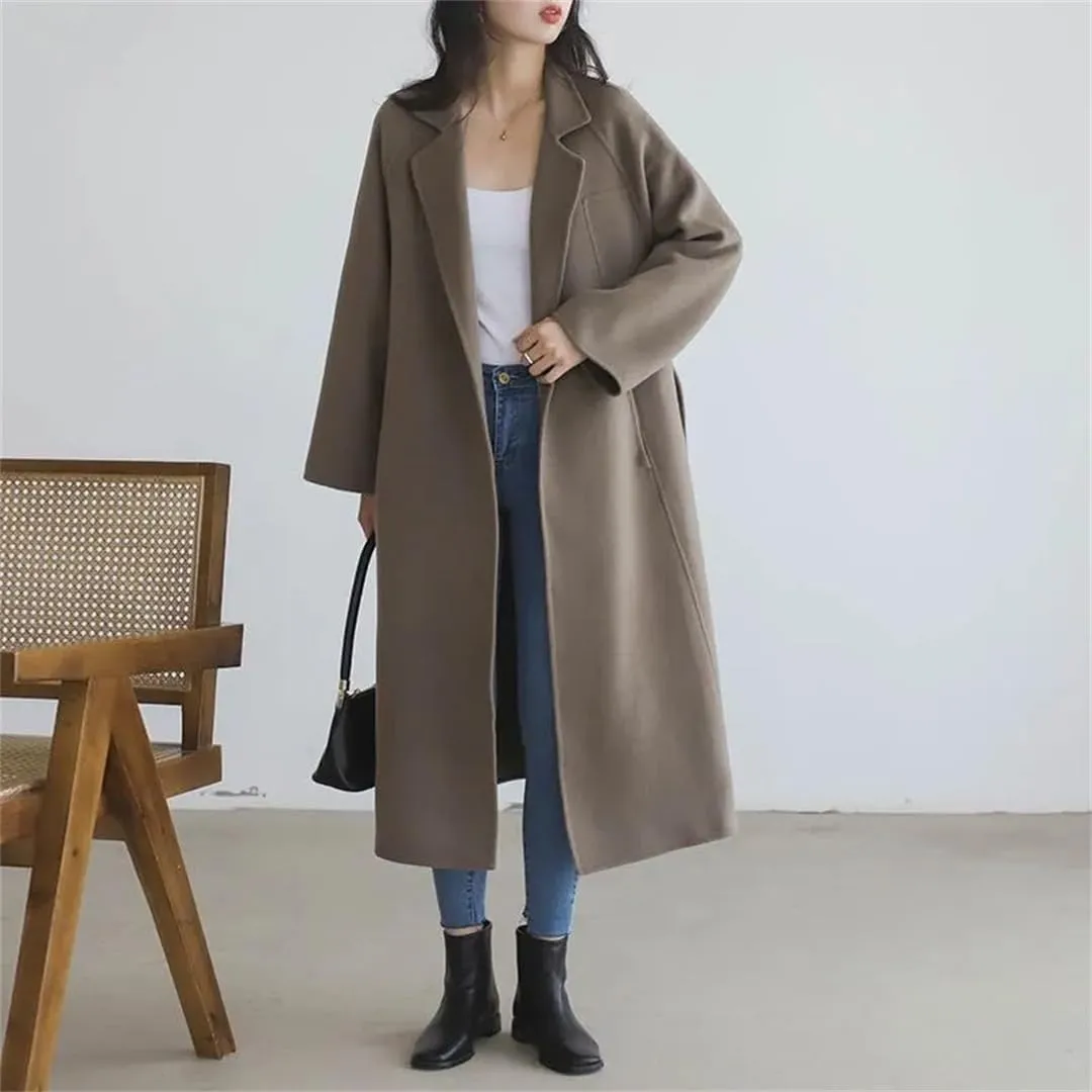 Fjnbbiot Double Sided Woolen Overcoat Women Long Winter Fashion Loose Lacing Belt Wool Blend Over Pea Coat