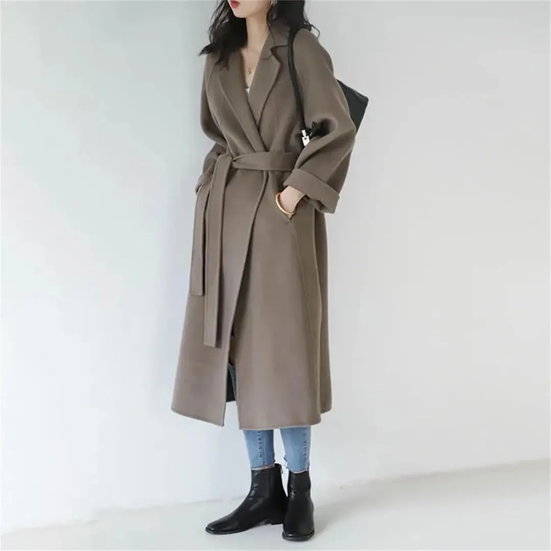 Fjnbbiot Double Sided Woolen Overcoat Women Long Winter Fashion Loose Lacing Belt Wool Blend Over Pea Coat