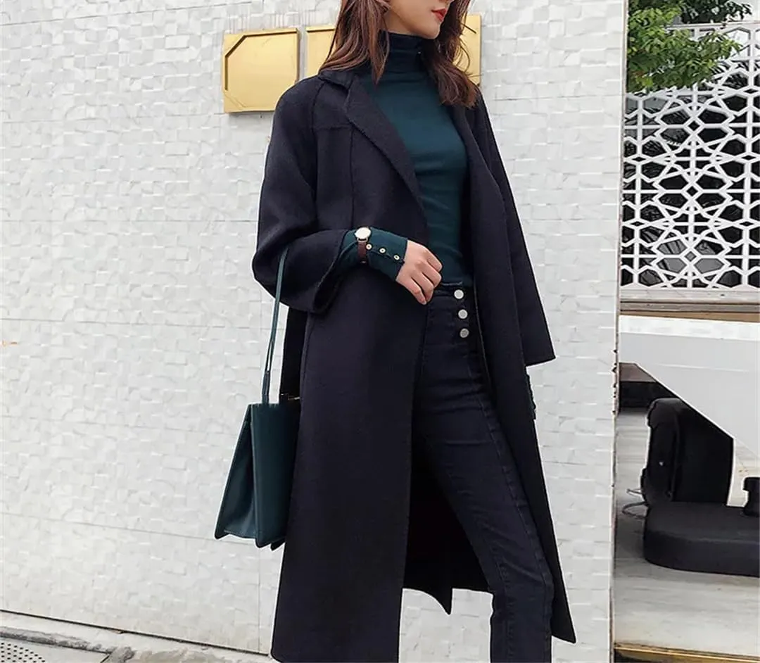 Fjnbbiot Double Sided Woolen Overcoat Women Long Winter Fashion Loose Lacing Belt Wool Blend Over Pea Coat
