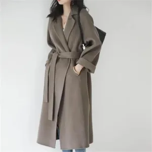 Fjnbbiot Double Sided Woolen Overcoat Women Long Winter Fashion Loose Lacing Belt Wool Blend Over Pea Coat