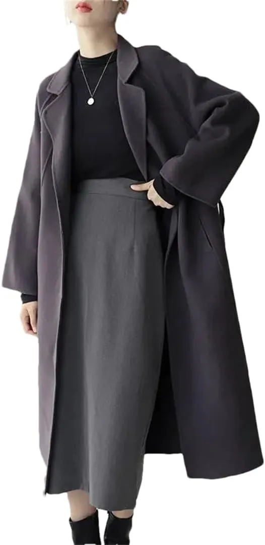 Fjnbbiot Double Sided Woolen Overcoat Women Long Winter Fashion Loose Lacing Belt Wool Blend Over Pea Coat