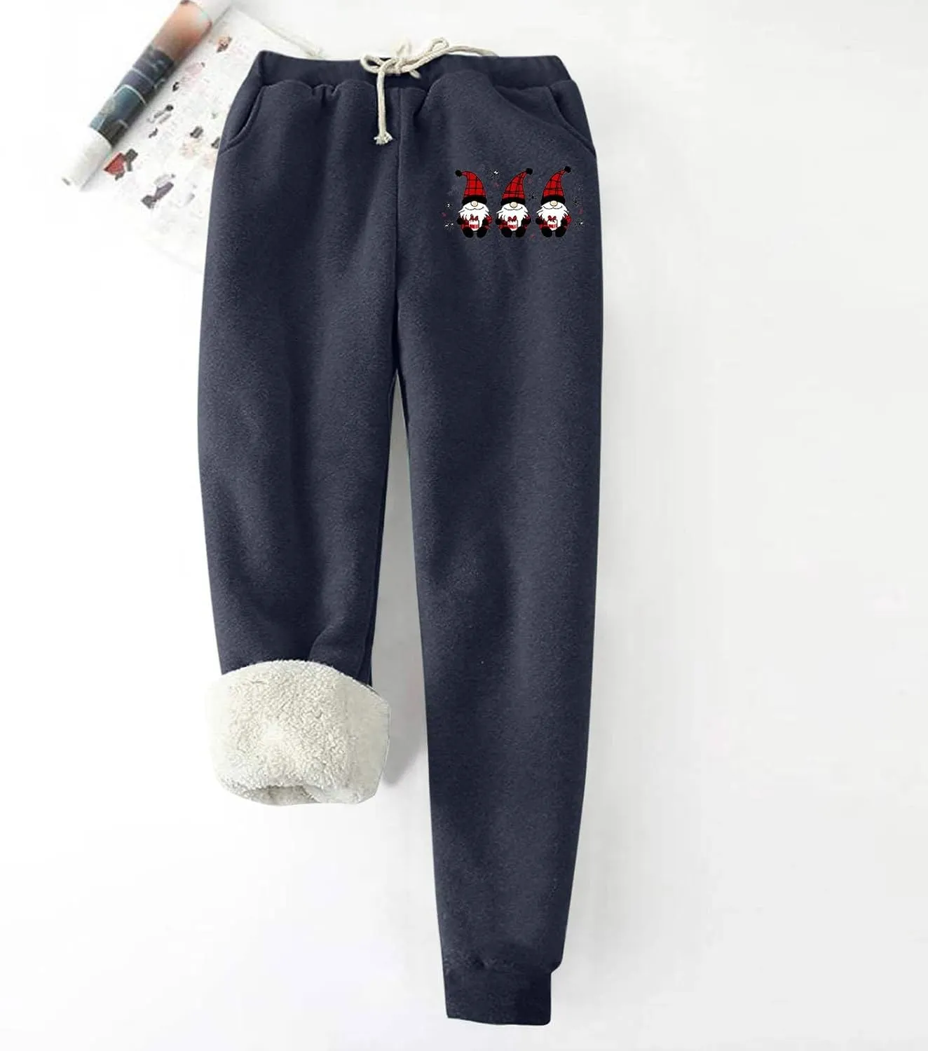 Fleece Lined Joggers Women Christmas Baggy Elastic Waisted Wide Leg Sweatpants Casual Workout Lounge Pants with Pocket