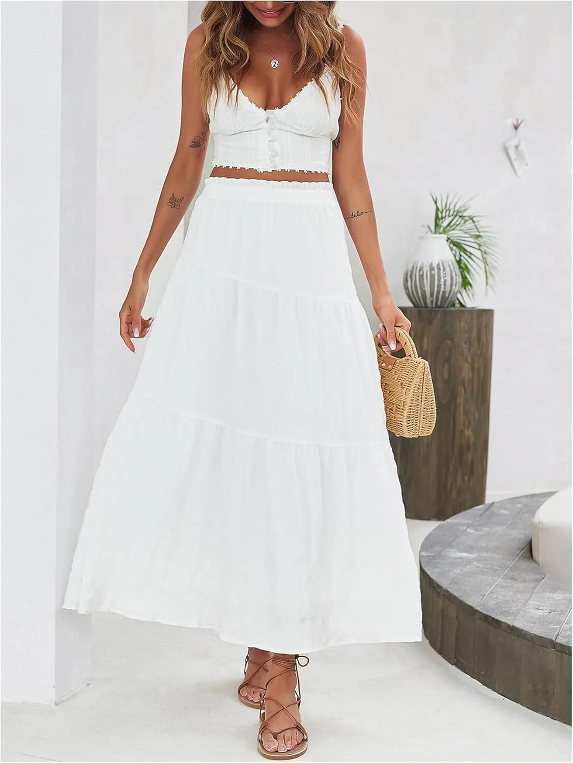 Floerns Women's Elastic High Waist Ruffle Hem Maxi Skirt Layer Boho Flowy Skirts
