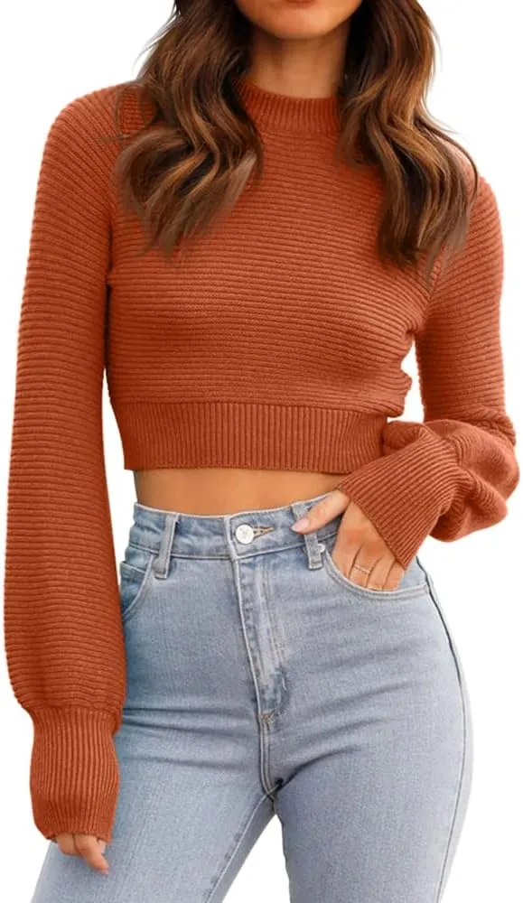 GeGekoko Womens Sexy Crew Neck Cropped Sweaters Ribbed Knit Long Sleeve Crop Tops Pullover