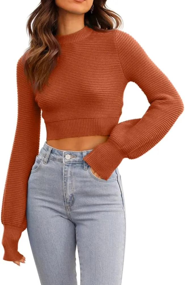 GeGekoko Womens Sexy Crew Neck Cropped Sweaters Ribbed Knit Long Sleeve Crop Tops Pullover